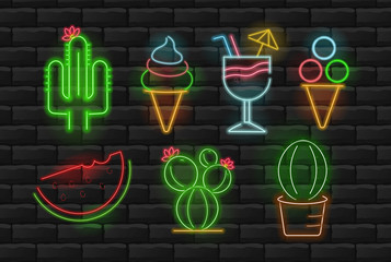 Summer banner, summer concept, cactus, icecream, cocktail, watermelon neon light, big set neon, brick background vector illustration