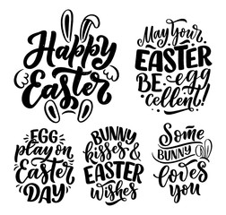 Set with calligraphy lettering slogans about Easter for flyer and print design. Templates for banners, posters, greeting postcards. Vector