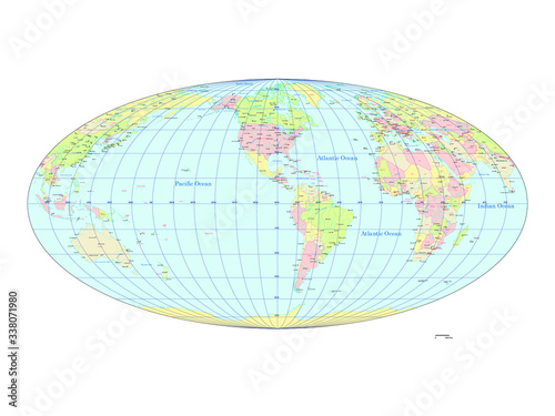 世界地図 モルワイデ図法 アメリカ中心 国ごとにバラバラになります World Map Mollwide Cylindrical Projection The America Center Poster 正明 五十嵐