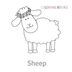 Cute pet - Sheep. Black and white vector illustration for coloring books