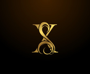Graceful Initial X Gold Letter logo. Vintage drawn emblem for book design, weeding card, brand name, business card, Restaurant, Boutique, Hotel. 