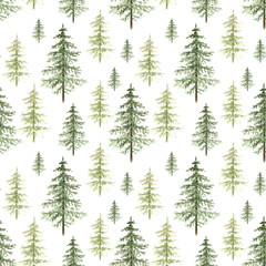 Obraz premium seamless pattern of green Christmas trees on a white background close-up. watercolor illustration