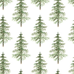 green christmas tree pattern on white background close-up. watercolor illustration
