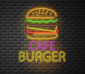 Burger neon, cafe burger, delicious fast food, brick background, neon light, vector illustration
