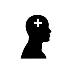 Mental health icon. Medical cross on human head. Psychology, mental health concept. Vector illustration person profile.