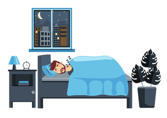 Night interior concept. Architecture flat style, white background. A young man sleeps vector illustration