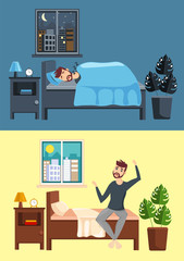 Night and day interior concept. Architecture flat style. A young man sleeps and wakes in the morning vector illustration