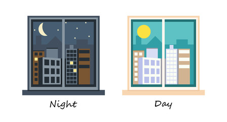 Day and night city concept. Architecture flat style, white background vector illustration