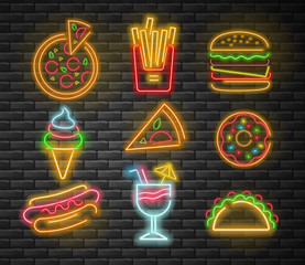 Neon fast food set, big set, pizza, french fries, burger, ice cream, donut, hot dog, cocktail and taco, neon light, brick background, vector illustration