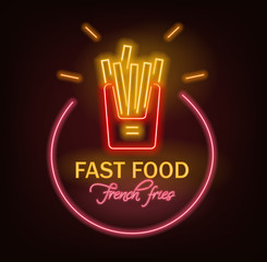 French fries neon, fast food neon, delicious french fries, neon light, vector illustration