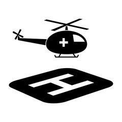 Medical helicopter and halipad icon. Vector illustration of a helicopter on the body depicts a medical cross.