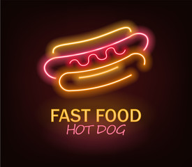 Hot dog neon, fast food neon, delicious hot dog, neon light, vector illustration