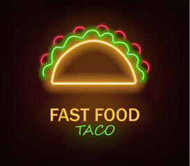 Taco neon, fast food neon, delicious taco, neon light, vector illustration