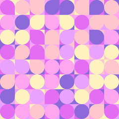 Circles in squares, triangles - geometric square seamless pattern. Purple, pink, yellow shades of color. Background, texture for paper, textiles, websites, applications, etc.