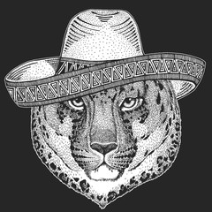 Leopard, jaguar face. Sombrero is traditional mexican hat. Mexico. Portrait of wild animal. © helen_f
