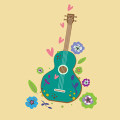 guitar on a light background flowers hearts. Hand drown doodle style. For dress fabric, T shirt print, postcard, banners.