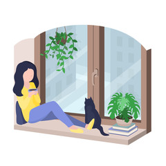 Young woman sitting on a window sill with a cup of tea and a cat. Stock vector illustration.