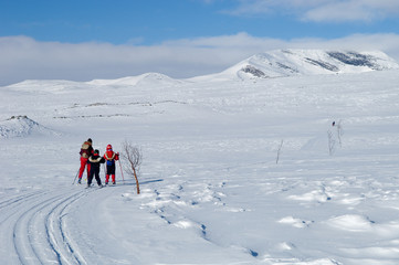 Fototapeta na wymiar Family skiing in Norwegian mountains