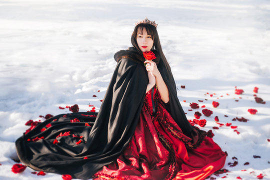 A beautiful girl with long black hair is sitting on the white snow in a red dress and cloak. Princess sits with a rose in a crown with precious stones. Fantasy photography