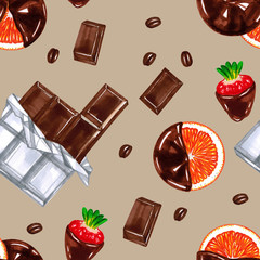 Chocolate, coffee seeds, chocolate covered orange, chocolate covered strawberries. Dessert seamless pattern. Design for packaging, paper, fabric, menu, candy shop.
