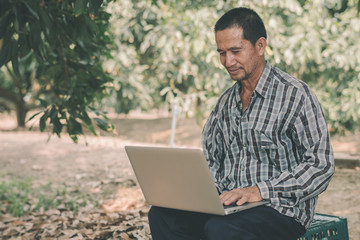 Asian farmer working through a laptop in his farm