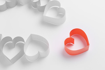 Creative layout made with paper hearts and one stand out. Minimal beauty mock up. Love card concept.