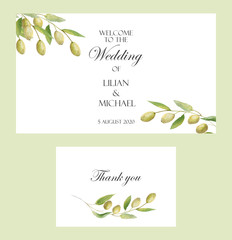 Watercolor hand painted nature provence wedding frames set with green olives on branch with leaves composition, invitation text and names, thank you greeting card on the white background