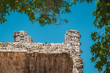 Close-up of the detail of Mayan ruins at the ancient arachaeological site of Uxmal, Mexico.