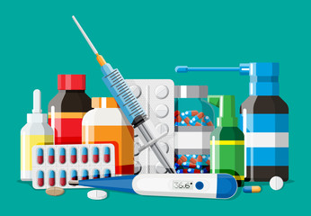 Medicine collection. Set of bottles, tablets, pills, capsules and sprays for illness and pain treatment. Medical drug, vitamin, antibiotic. Healthcare and pharmacy. Vector illustration in flat style