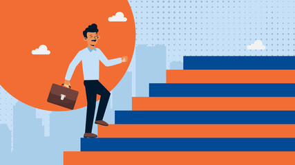 Businessman start walking up stairway step. Climbing staircases for development. Business journey concept growth and the path to future success flat design vector illustration.
