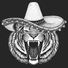 Tiger portrait. Sombrero is traditional mexican hat. Mexico. Wild cat head.