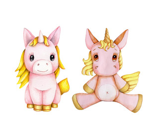 Watercolor illustration of two cartoon unicorns babies, pink and yellow, sitting. Hand drawn water color art, isolated.