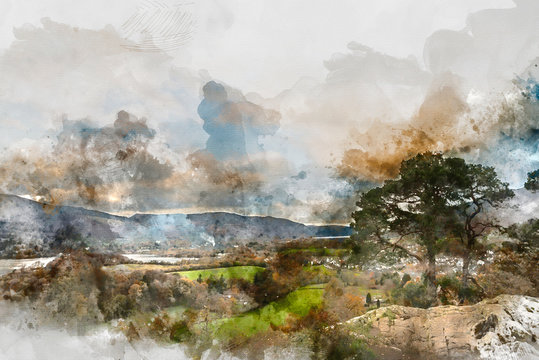 Digital watercolor painting of Majestic Autumn Fall landscape image of view from Castlehead in Lake District over Derwentwater towards Catbells and Grisedale Pike at sunset with epic lighting in sky