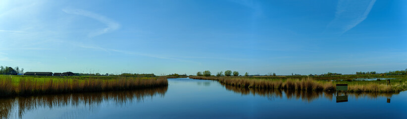 Fototapeta na wymiar Broad panoramic view on water and grassland at a sunny afternoon in spring
