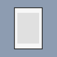 Black photo or picture frame with white mat and shades isolated on dark gray background. Vector illustration. Wall decor. Rectangle vertical photo frame
