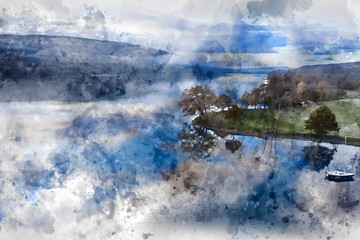 Digital watercolor painting of Breathtaking vibrant aerial drone landscape images over Coniston Water at sunrise on beautiful Autumn Fall morning