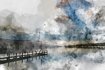 Digital watercolor painting of Stunning Autumn Fall sunrise landscape over Coniston Water with mist and wispy clouds