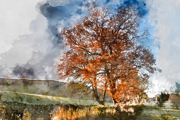 Digital watercolor painting of Stunning vibrant Autumn Fall landscape of countryside in Lake District with lovely golden light on trees and hills