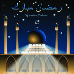 Ramadan Mubarak Illuminated mosque with star and crescent symbol and rays of light on dark blue night sky with stars background. Arabic text translation Ramadan Mubarak
