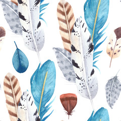 Hand drawn watercolor vibrant feathers seamless pattern