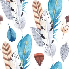 Aluminium Prints Watercolor feathers Hand drawn watercolor vibrant feathers seamless pattern