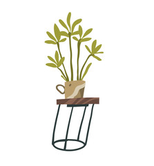 Hand drawn vector stock abstract graphic cartoon illustration with interior home elements, with organic wooden table and big green plant in artistic pot isolated on white background