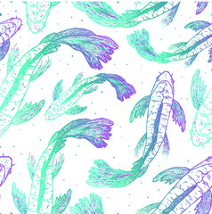  Japanese fish carp koi seamless pattern swimming. Hand drawn.