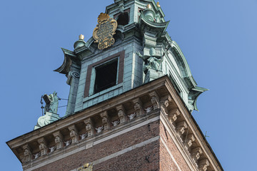 Fototapeta na wymiar Clock Tower of Wawel Cathedral (Katedra Wawelska, from 11th century). Wawel Hill in Krakow, Poland.