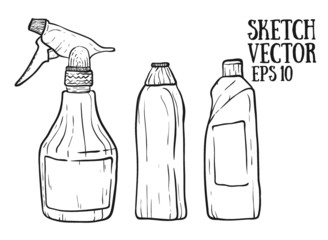 Set of cleanings toolset of detergent container, doodle style, sketch illustration.s isolated on a white background.