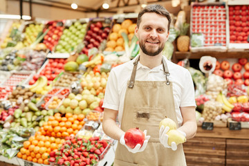Waist up portrait of bearded man wearing apron and smiling at camera while selling fresh fruit and vegetable at farmers market, copy space