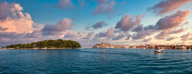 Panoramic view on Rovinj town, Croatian fishing port on the west coast of the Istrian peninsula....