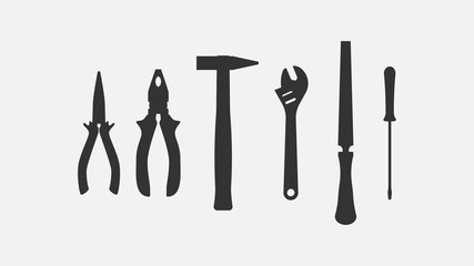 Set of metal tools, silhouettes isolated on white background. 