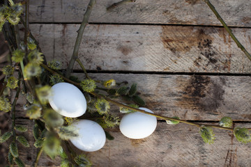  white chicken eggs and willow branches.