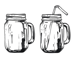 Glass transparent vintage doodle mason jar Isolated on the white background. Vector hand drawn illustration.